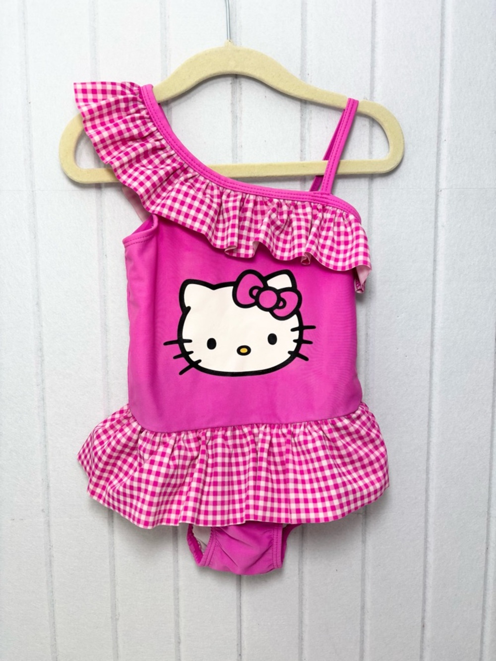Hello Kitty Hot Pink One-Shoulder Ruffle Gingham Swimsuit Size 3T‎